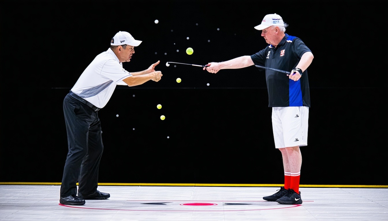 An advanced player receiving tips from Gary Cardoza to refine their technique.
