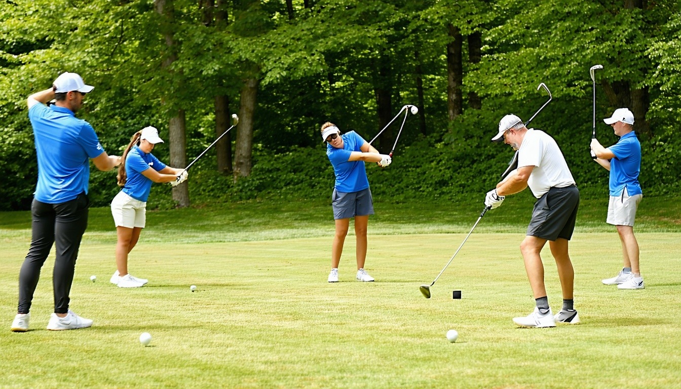 A group coaching session with Gary Cardoza and several students practicing their swings.