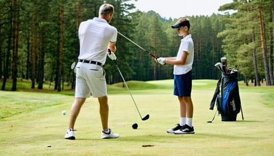 Golf instructor demonstrating a swing technique to a student on the course. Golf instructor demonstrating a swing technique to a student on the course.