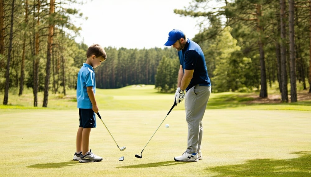 Golf instructor teaching a student on the course